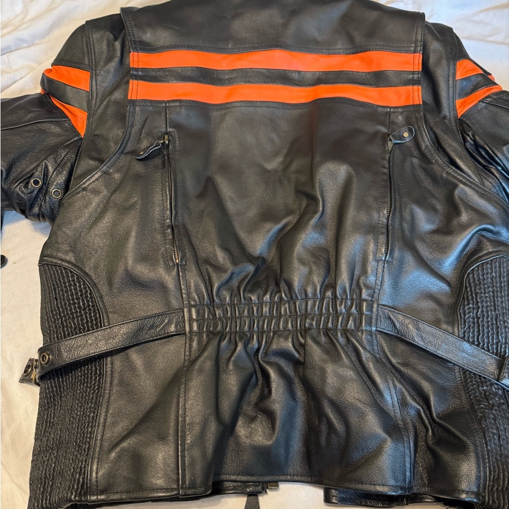 Black and Orange Leather Bomber Jacket - Picture 4 of 4